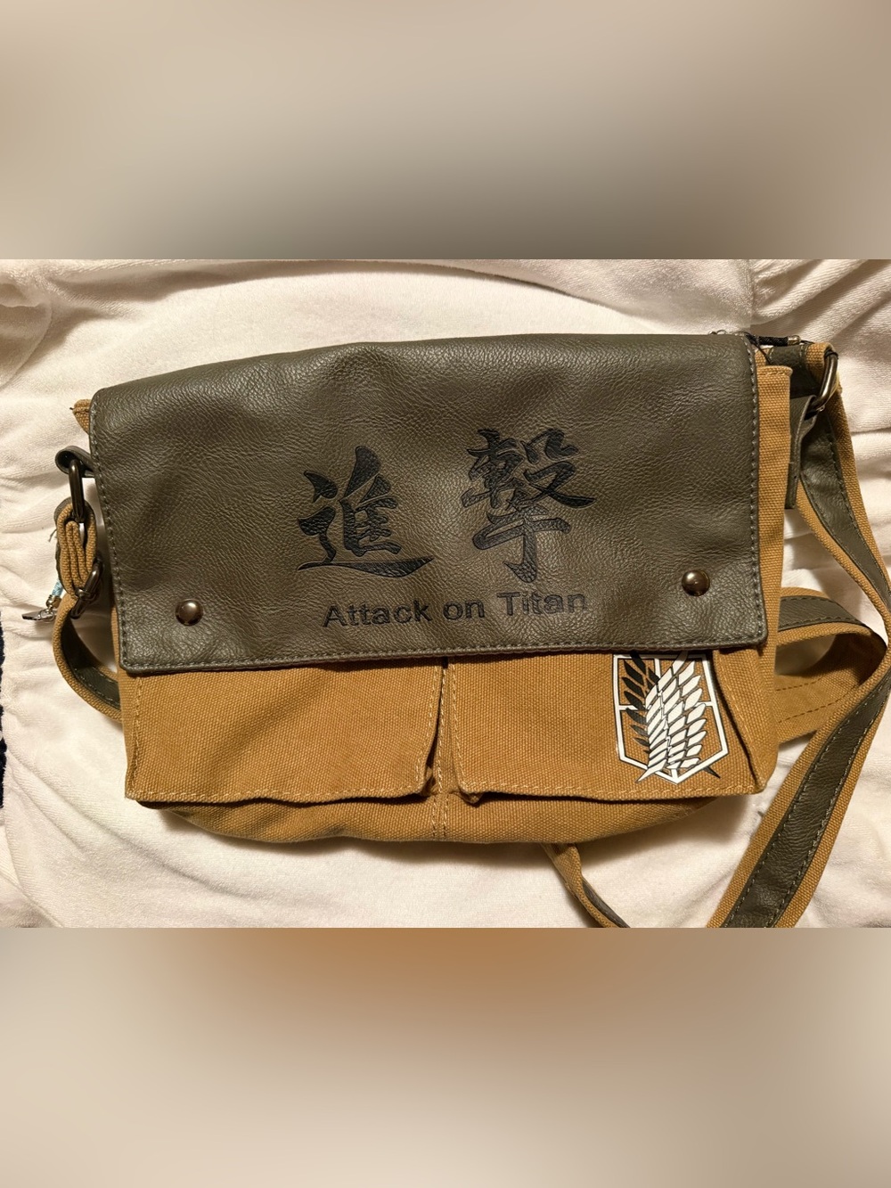 Attack on Titan Canvas & Faux Leather Messenger Bag - Olive & Tan